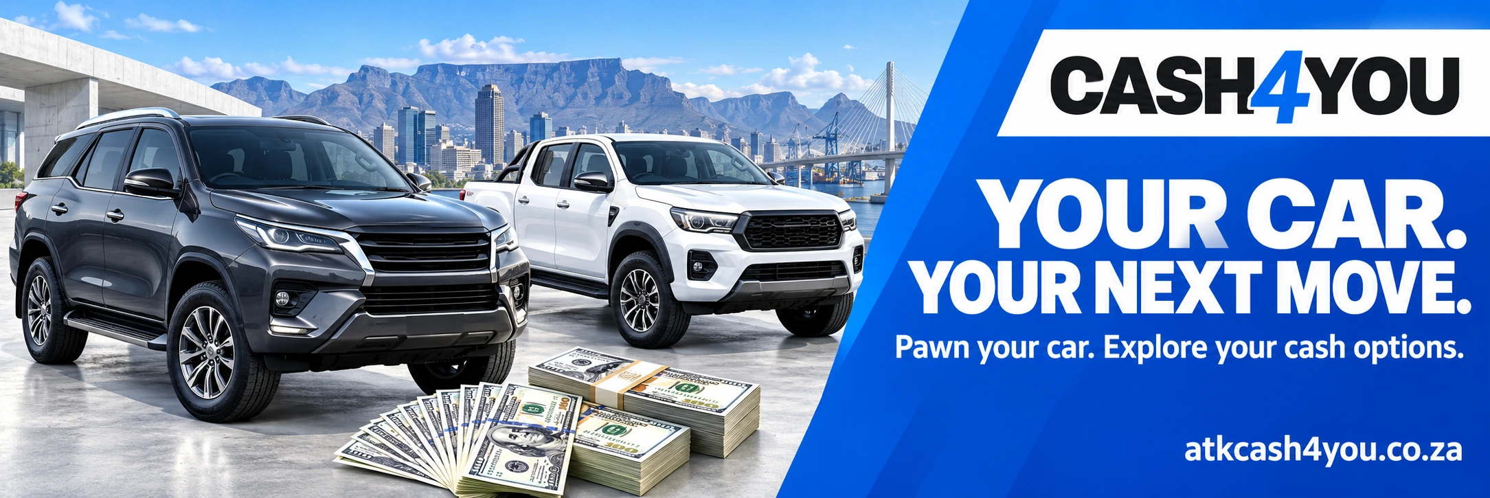 CASH4YOU. Your car. Your next move. Pawn your car. Explore your cash options. An SUV, a pickup and US dollar banknotes. atkcash4you.co.za