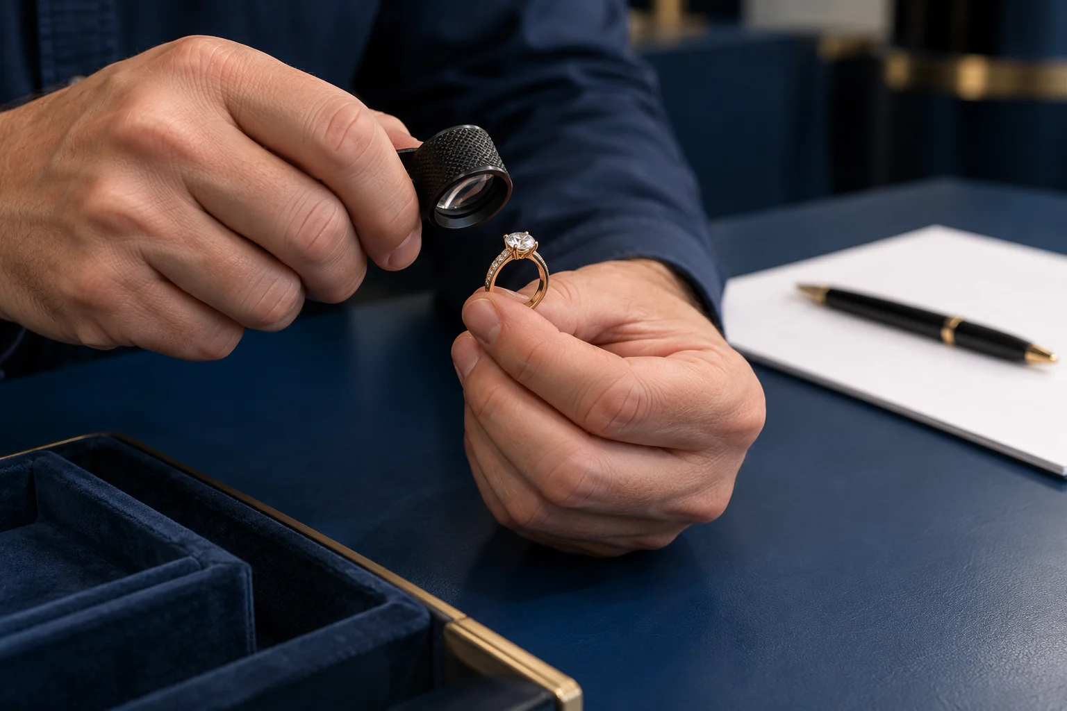 Close-up of a jewellery assessment, illustrating the pawn enquiry process