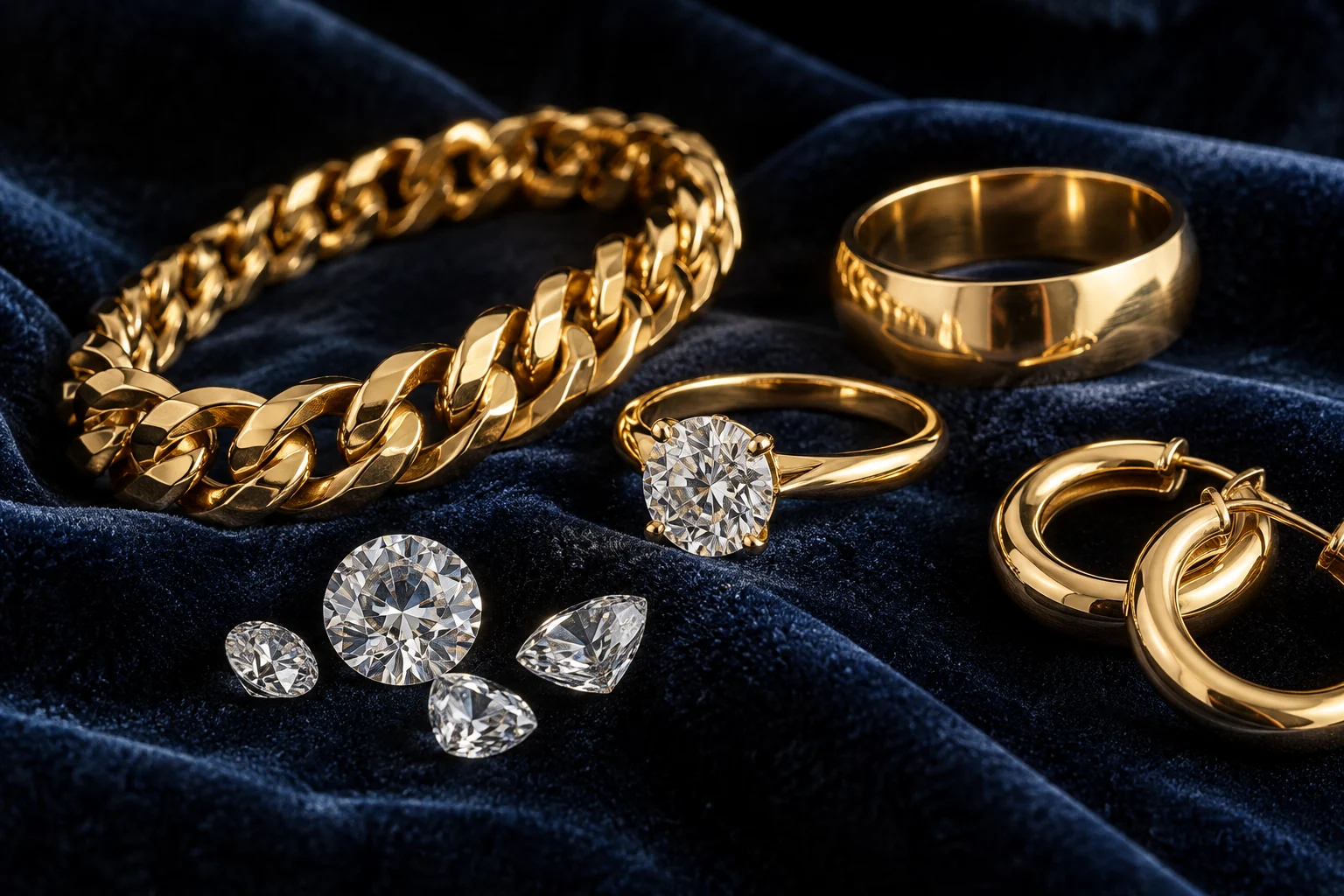 Gold pieces and loose diamonds arranged on deep blue velvet