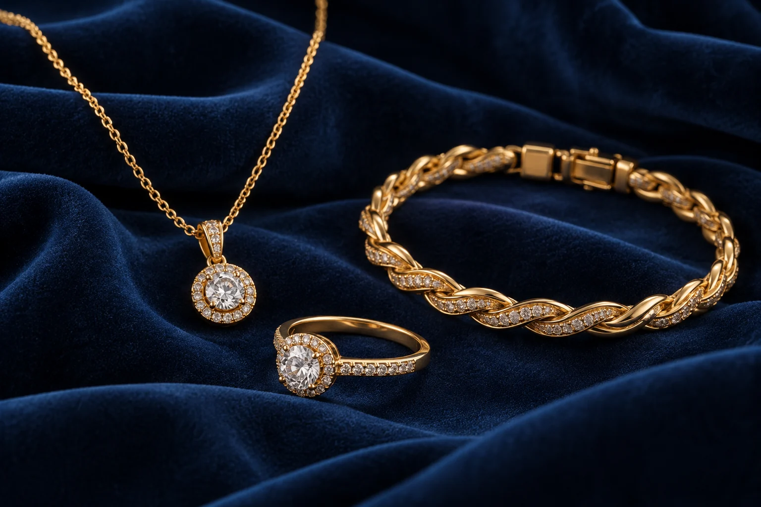 Gold jewellery including a necklace, ring and bracelet