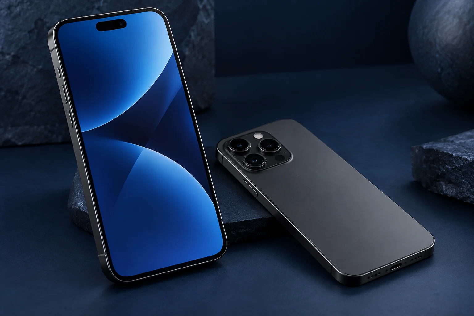 Modern smartphones on a navy studio surface