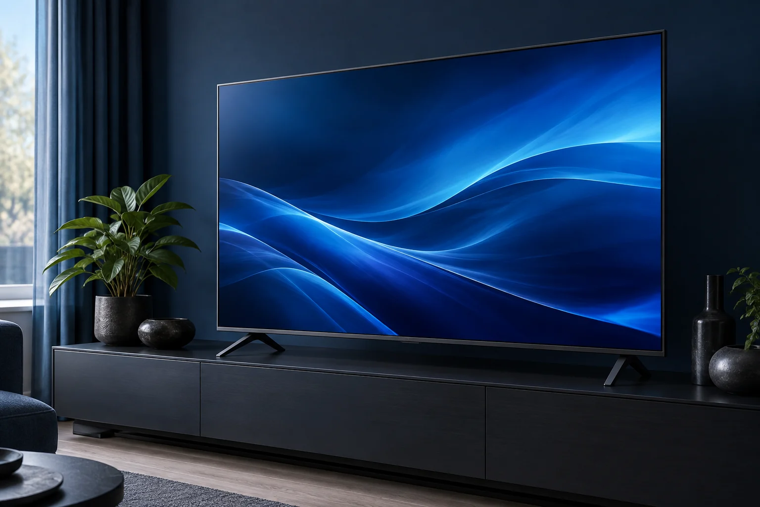 Modern television with an abstract blue display