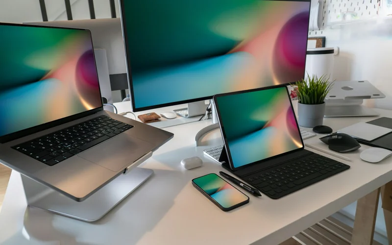 Laptop, tablet and mobile phone on a desk